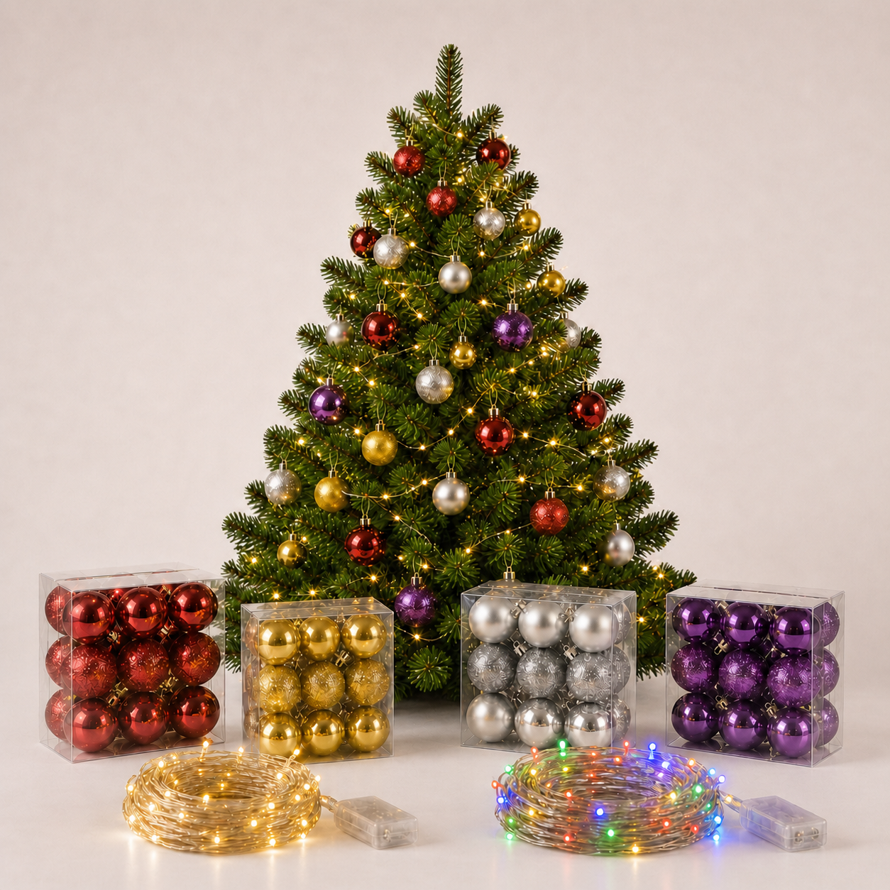 Árbol, luces y esferas navideñas